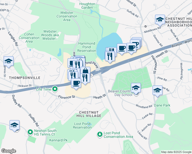 map of restaurants, bars, coffee shops, grocery stores, and more near 136 Boylston Street in Newton