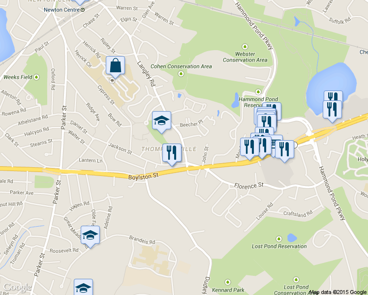 map of restaurants, bars, coffee shops, grocery stores, and more near 396 Langley Road in Newton