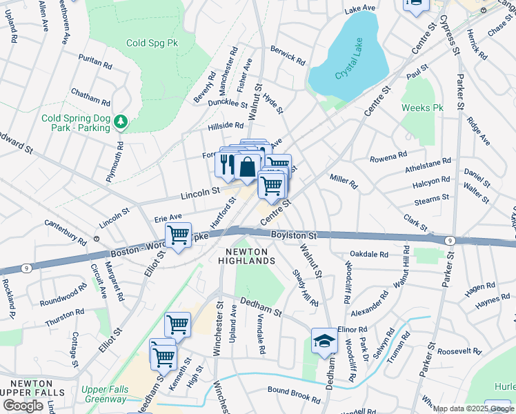 map of restaurants, bars, coffee shops, grocery stores, and more near 77 Floral Street in Newton