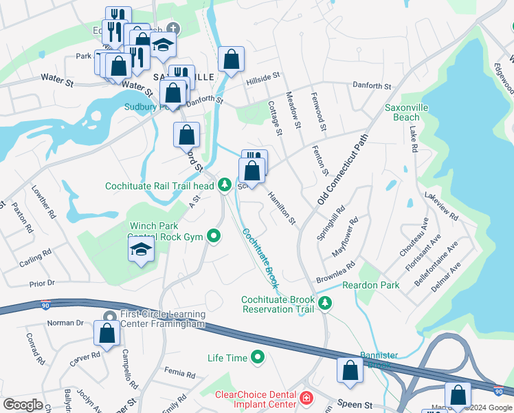 map of restaurants, bars, coffee shops, grocery stores, and more near 1 Hamilton Street in Framingham