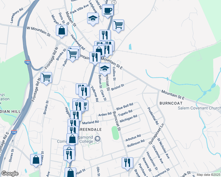 map of restaurants, bars, coffee shops, grocery stores, and more near 9 Collins Street in Worcester