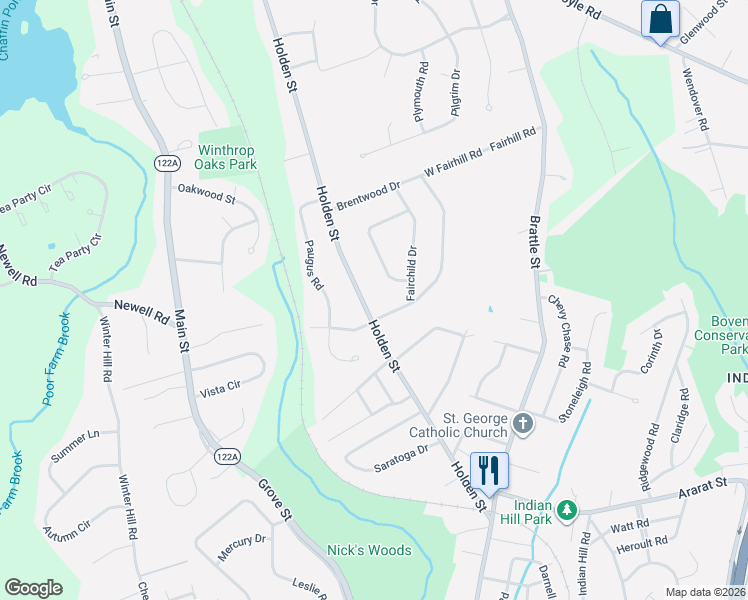map of restaurants, bars, coffee shops, grocery stores, and more near 26 Briarcliff Lane in Holden