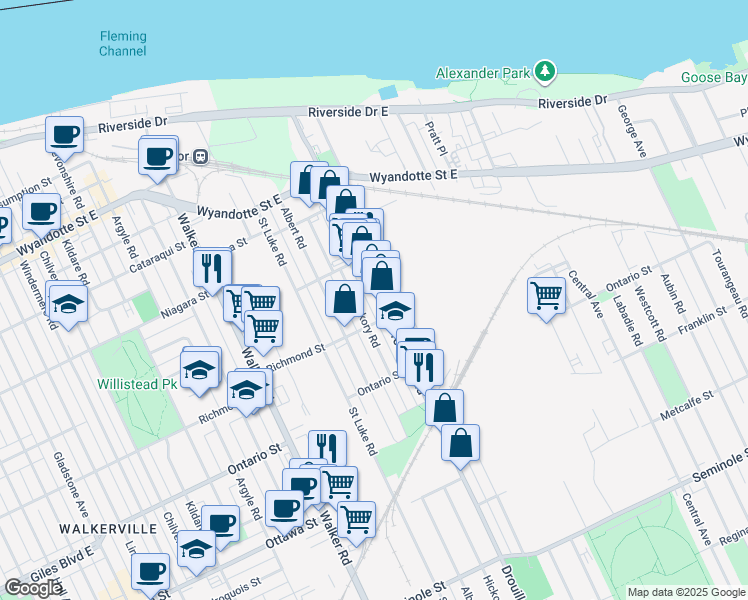 map of restaurants, bars, coffee shops, grocery stores, and more near 1044 Drouillard Road in Windsor