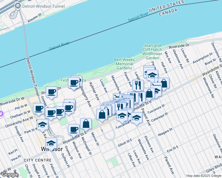 map of restaurants, bars, coffee shops, grocery stores, and more near 767 Chatham Street East in Windsor