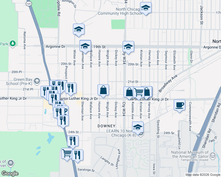 map of restaurants, bars, coffee shops, grocery stores, and more near 2106 Dickey Avenue in North Chicago