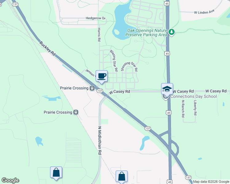 map of restaurants, bars, coffee shops, grocery stores, and more near 1032 Harris Road in Grayslake