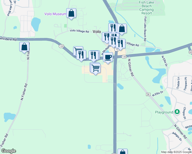 map of restaurants, bars, coffee shops, grocery stores, and more near 27555 Illinois 120 in Lakemoor