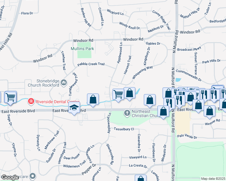 map of restaurants, bars, coffee shops, grocery stores, and more near 4178 Applewood Lane in Loves Park
