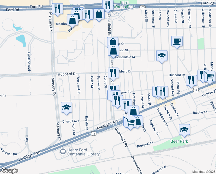 map of restaurants, bars, coffee shops, grocery stores, and more near 4824 Curtis Street in Dearborn