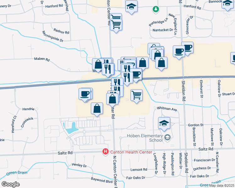 map of restaurants, bars, coffee shops, grocery stores, and more near 2240 North Canton Center Road in Canton
