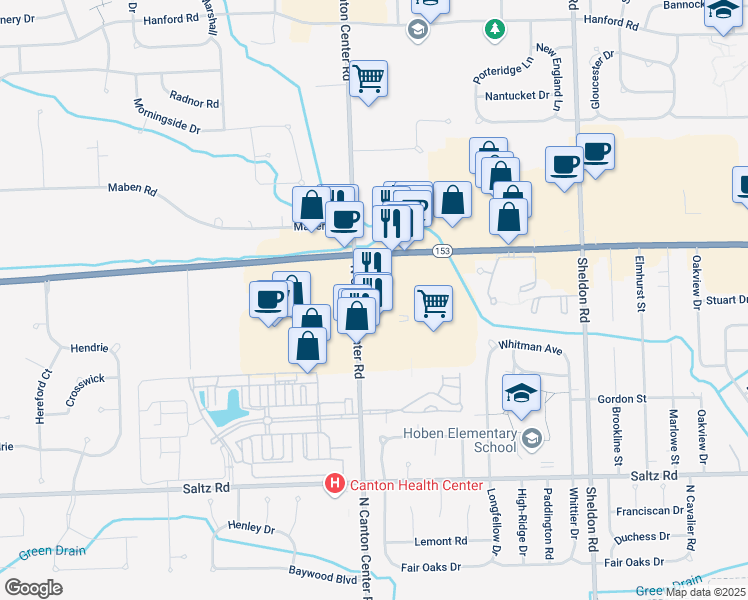map of restaurants, bars, coffee shops, grocery stores, and more near 2240 North Canton Center Road in Canton