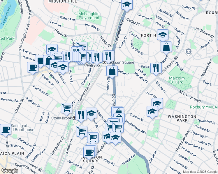 map of restaurants, bars, coffee shops, grocery stores, and more near 1601 Columbus Avenue in Boston