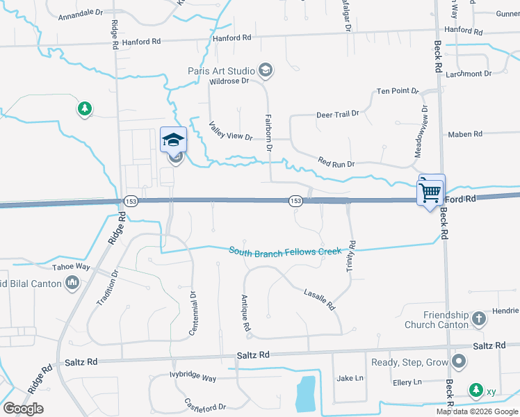 map of restaurants, bars, coffee shops, grocery stores, and more near 48375 Ford Road in Canton