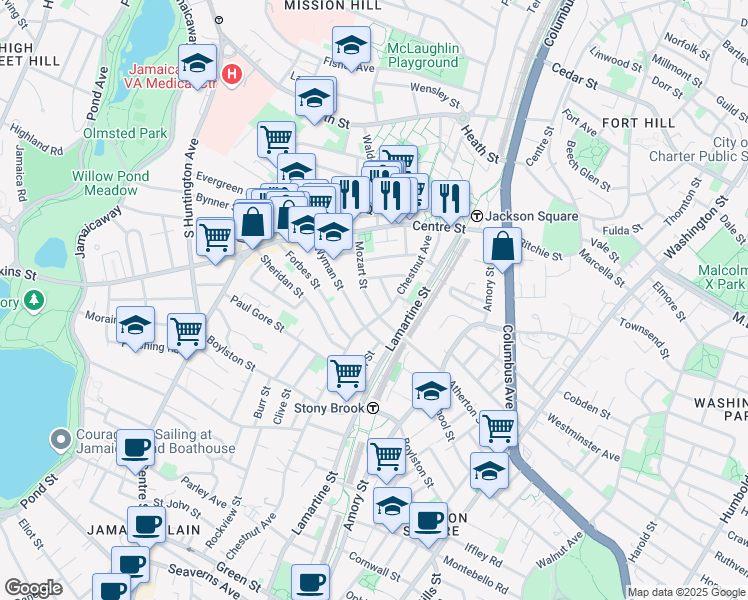 map of restaurants, bars, coffee shops, grocery stores, and more near 54 Mozart Street in Boston