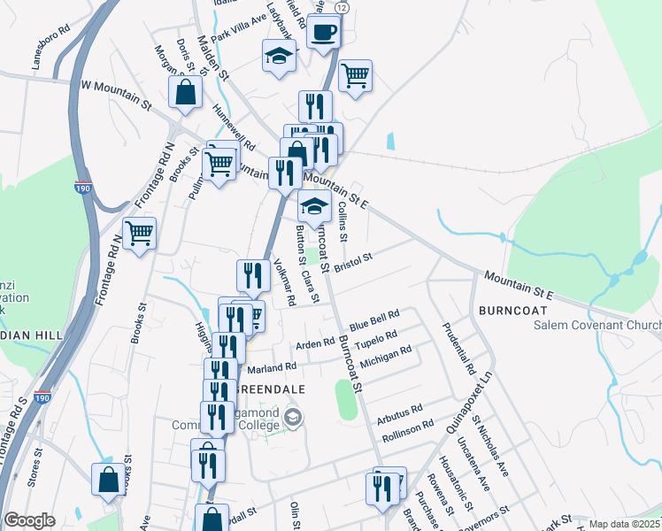 map of restaurants, bars, coffee shops, grocery stores, and more near 9 Collins Street in Worcester