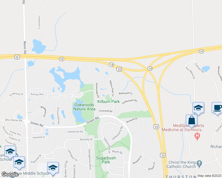 map of restaurants, bars, coffee shops, grocery stores, and more near 3213 Kilburn Park Circle in Ann Arbor