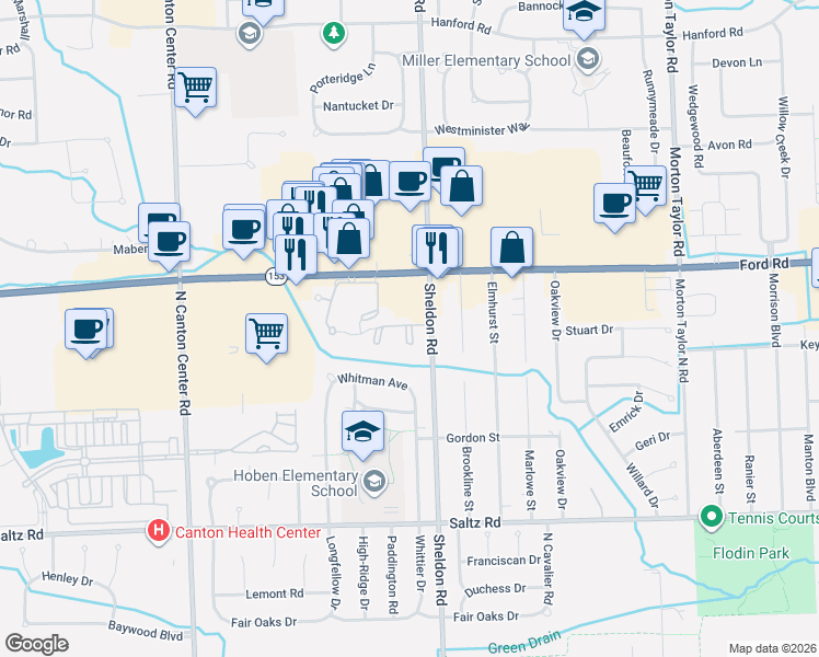 map of restaurants, bars, coffee shops, grocery stores, and more near 44505 Ford Road in Canton