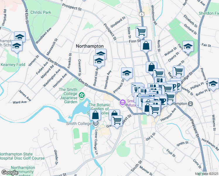 map of restaurants, bars, coffee shops, grocery stores, and more near 10 Elm Street in Northampton