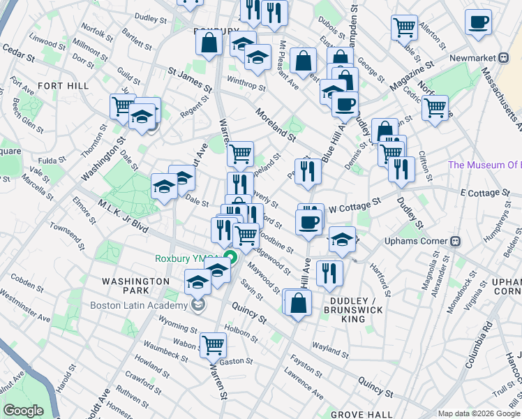 map of restaurants, bars, coffee shops, grocery stores, and more near 31 Waverly Street in Boston