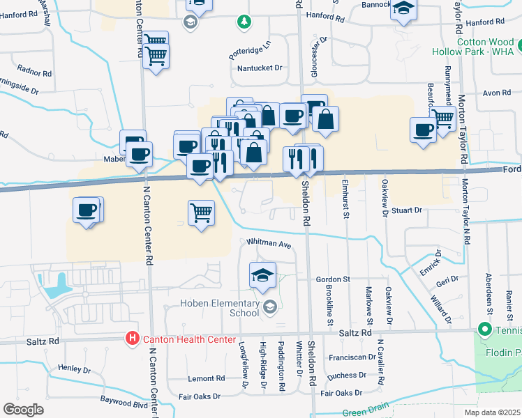 map of restaurants, bars, coffee shops, grocery stores, and more near 2057 West Franklin Drive in Canton