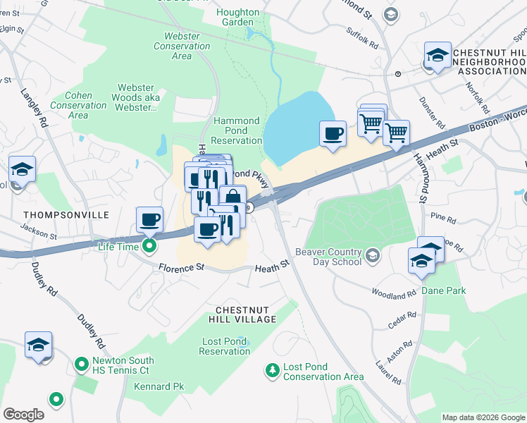 map of restaurants, bars, coffee shops, grocery stores, and more near 136 Boylston Street in Newton