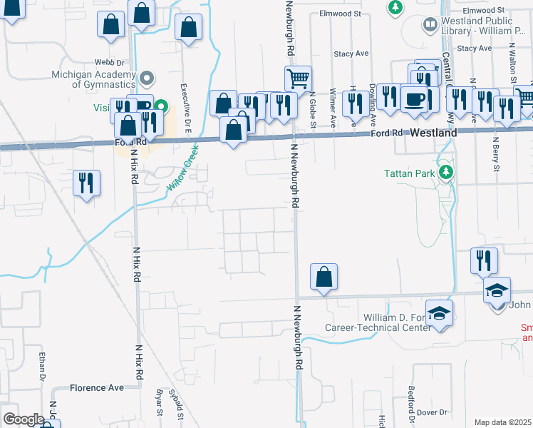 map of restaurants, bars, coffee shops, grocery stores, and more near 37615 Greenwood Street in Westland