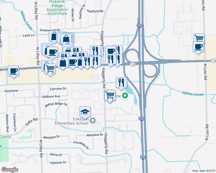 map of restaurants, bars, coffee shops, grocery stores, and more near 2050 Haggerty Road in Canton