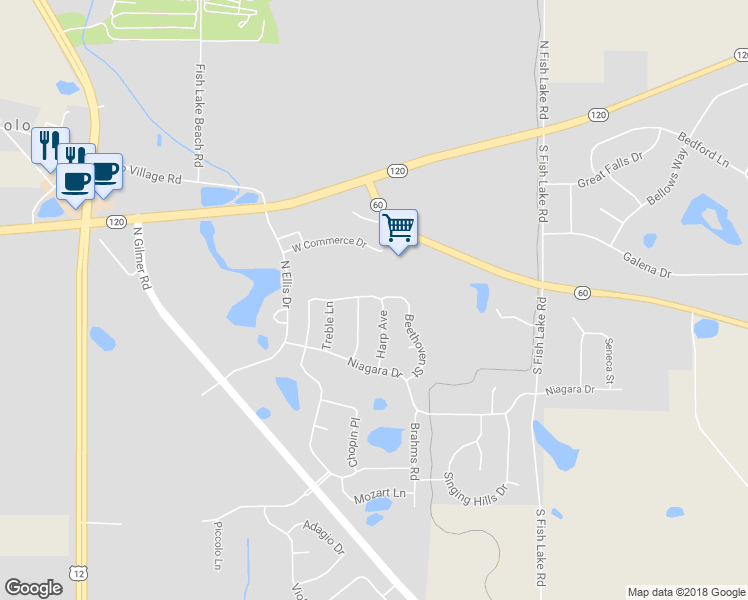 map of restaurants, bars, coffee shops, grocery stores, and more near 678 Harp Avenue in Round Lake