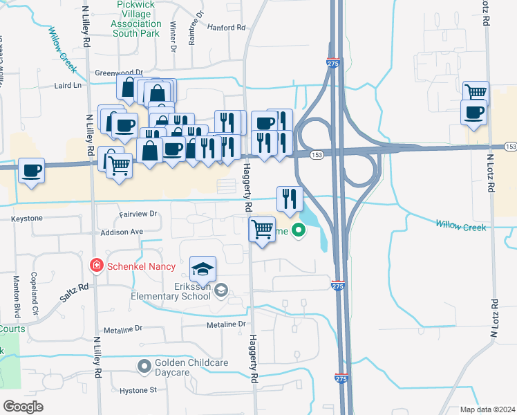 map of restaurants, bars, coffee shops, grocery stores, and more near 2050 North Haggerty Road in Canton