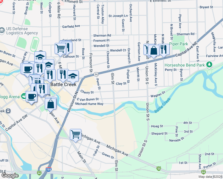map of restaurants, bars, coffee shops, grocery stores, and more near 104 Clay Street in Battle Creek