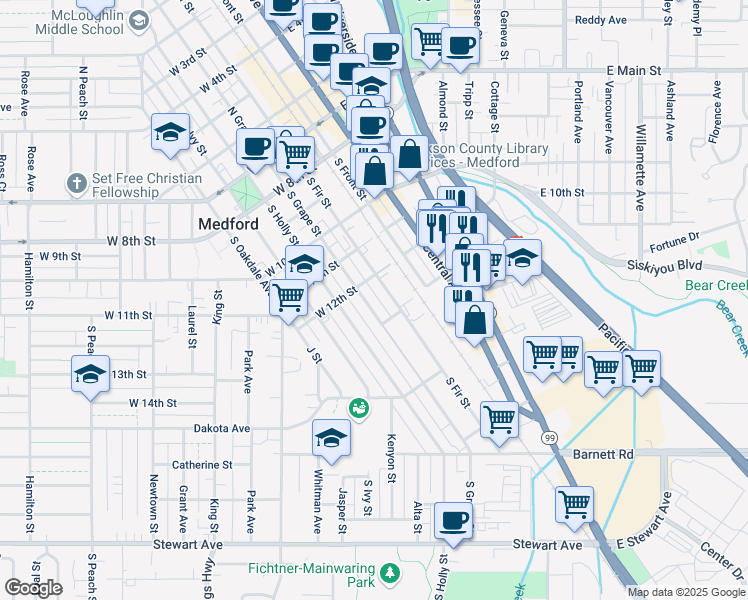 map of restaurants, bars, coffee shops, grocery stores, and more near 501 South Grape Street in Medford