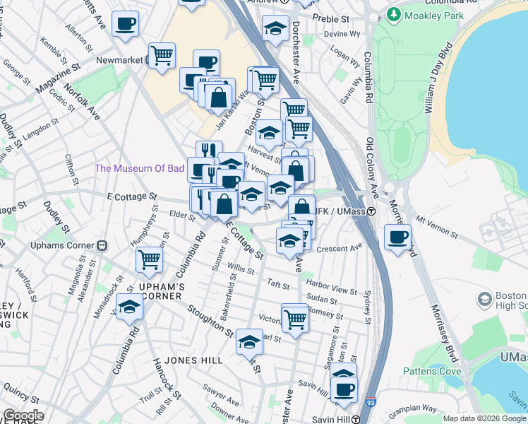 map of restaurants, bars, coffee shops, grocery stores, and more near 34 Roseclair Street in Boston