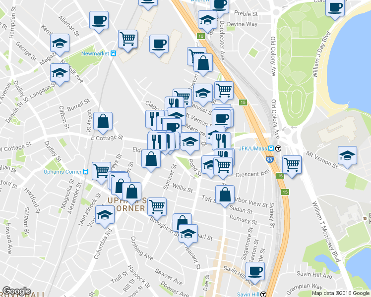 map of restaurants, bars, coffee shops, grocery stores, and more near 34 Roseclair Street in Boston