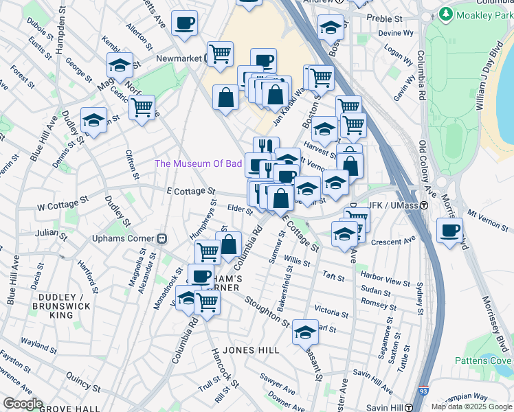 map of restaurants, bars, coffee shops, grocery stores, and more near 154 East Cottage Street in Boston
