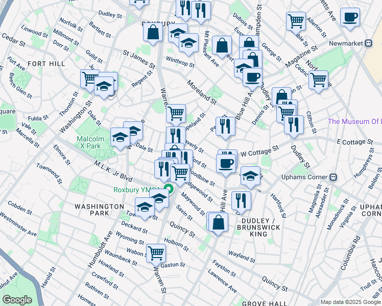 map of restaurants, bars, coffee shops, grocery stores, and more near 31 Waverly Street in Boston