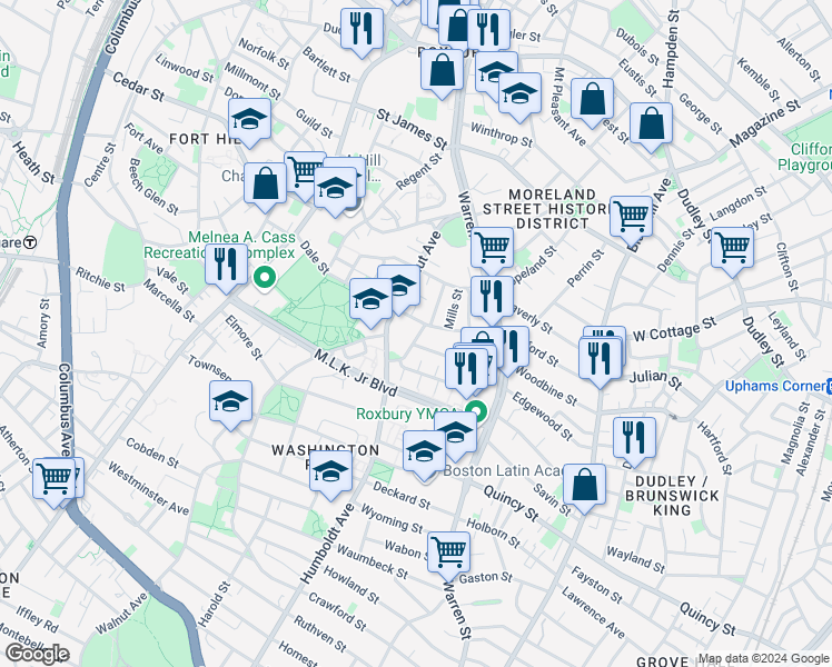 map of restaurants, bars, coffee shops, grocery stores, and more near in Boston