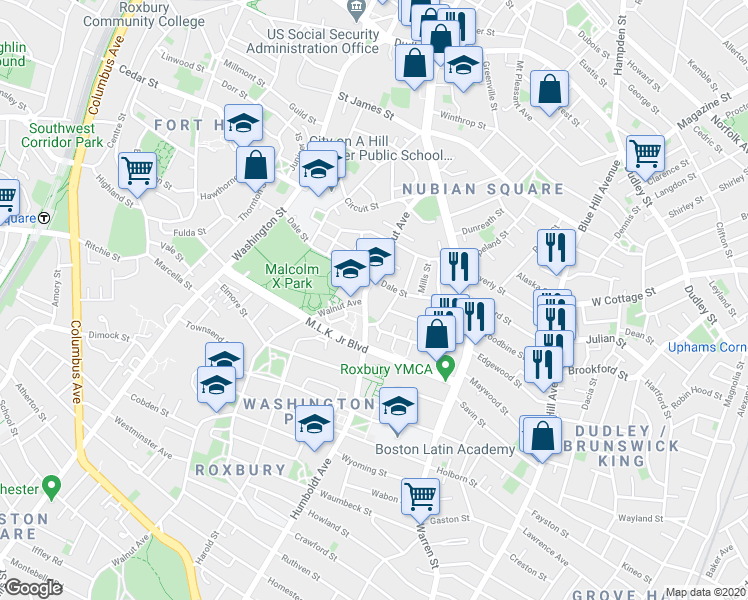 map of restaurants, bars, coffee shops, grocery stores, and more near in Boston
