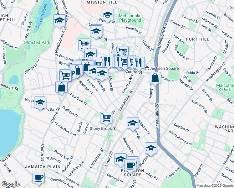 map of restaurants, bars, coffee shops, grocery stores, and more near 54 Mozart Street in Boston
