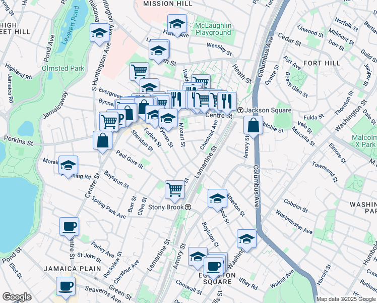 map of restaurants, bars, coffee shops, grocery stores, and more near 54 Mozart Street in Boston