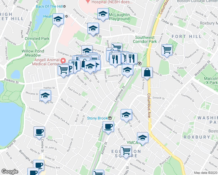 map of restaurants, bars, coffee shops, grocery stores, and more near 54 Mozart Street in Boston