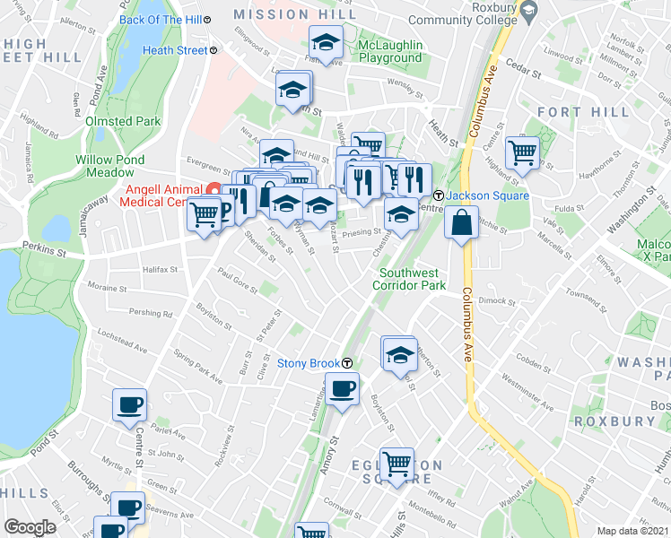 map of restaurants, bars, coffee shops, grocery stores, and more near 54 Mozart Street in Boston