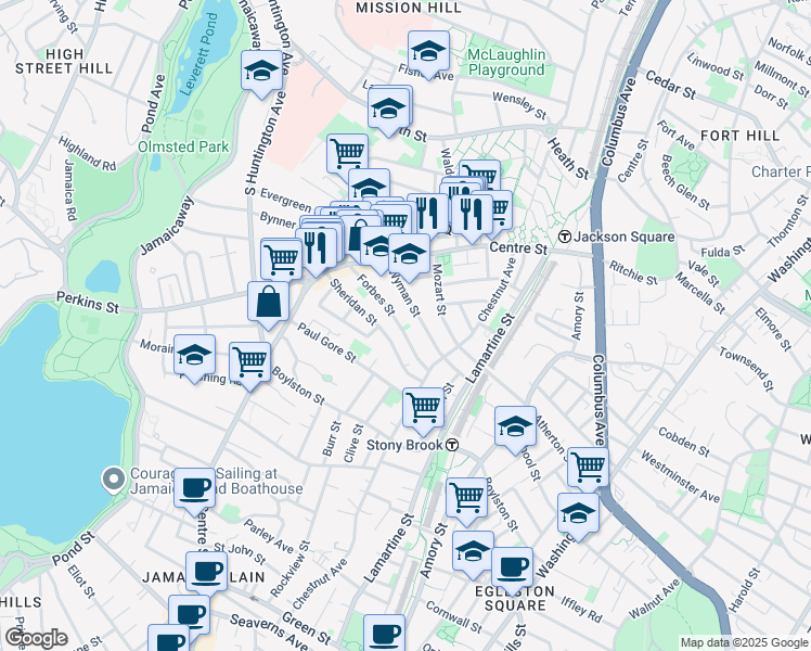 map of restaurants, bars, coffee shops, grocery stores, and more near 47 Wyman Street in Boston