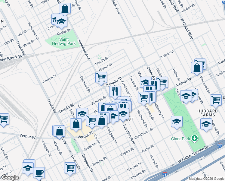 map of restaurants, bars, coffee shops, grocery stores, and more near 2201 Morrell Street in Detroit