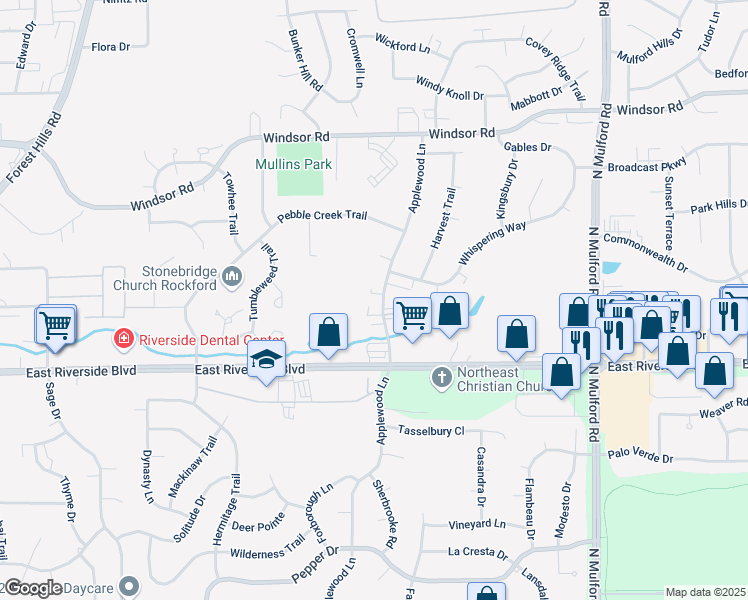 map of restaurants, bars, coffee shops, grocery stores, and more near 4178 Applewood Lane in Loves Park