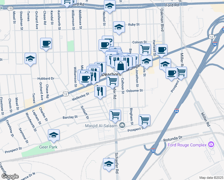 map of restaurants, bars, coffee shops, grocery stores, and more near 4425 Schaefer Road in Dearborn