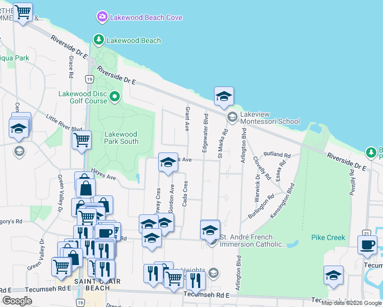 map of restaurants, bars, coffee shops, grocery stores, and more near 166 Grant Avenue in Windsor