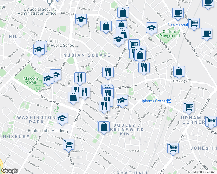 map of restaurants, bars, coffee shops, grocery stores, and more near Blue Hill Avenue & Alaska St in Boston