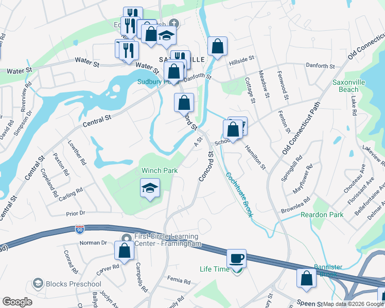 map of restaurants, bars, coffee shops, grocery stores, and more near 36 A Street in Framingham