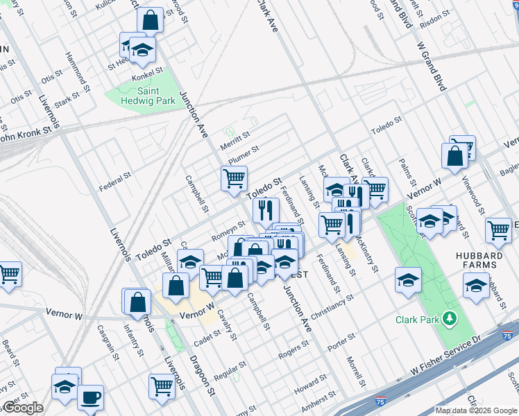 map of restaurants, bars, coffee shops, grocery stores, and more near 2175 Morrell Street in Detroit