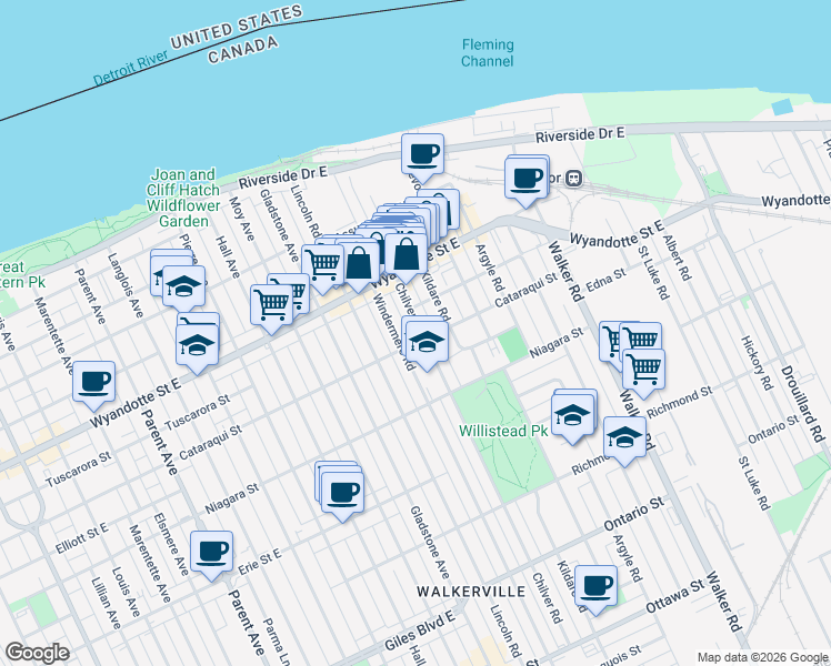 map of restaurants, bars, coffee shops, grocery stores, and more near 783 Chilver Road in Windsor